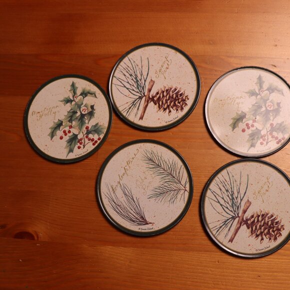 Set of 5 tree nature themed wooden metal and cork coasters, vintage green forest - Picture 4 of 4
